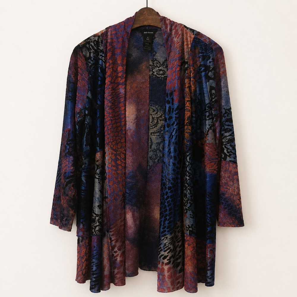 Ali Miles Cardigan Size M Dark Colorful Burnout Open Front Boho Artsy Whimsigoth